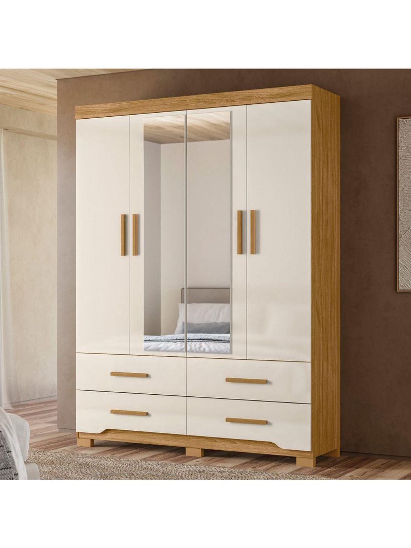 Guarda Roupas Casal Com Espelho 4 Portas 4 Gavetas Miami Madeirado Off White