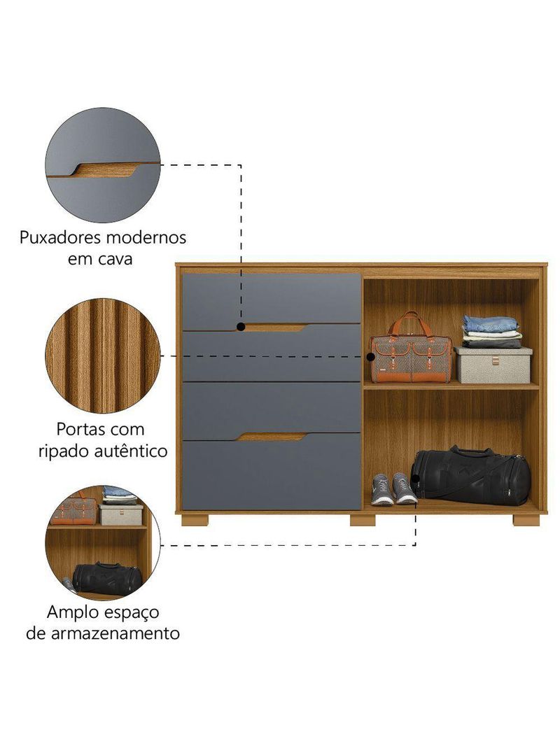 Cômoda 4 Gavetas 2 Portas Com Ripado Texas Freijó Moval
