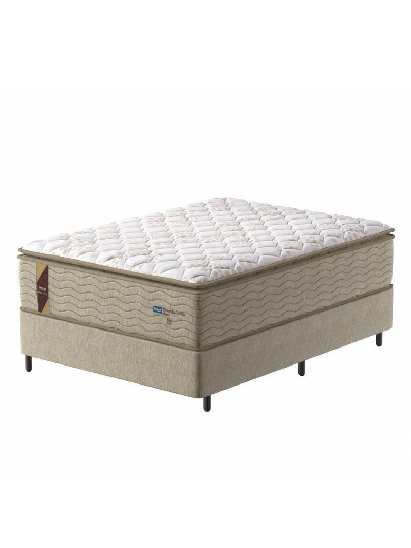 Cama Box Casal King Colchão Molas Guarda Costas Max Com Pillow 193x203x78cm Suede Bege/branco