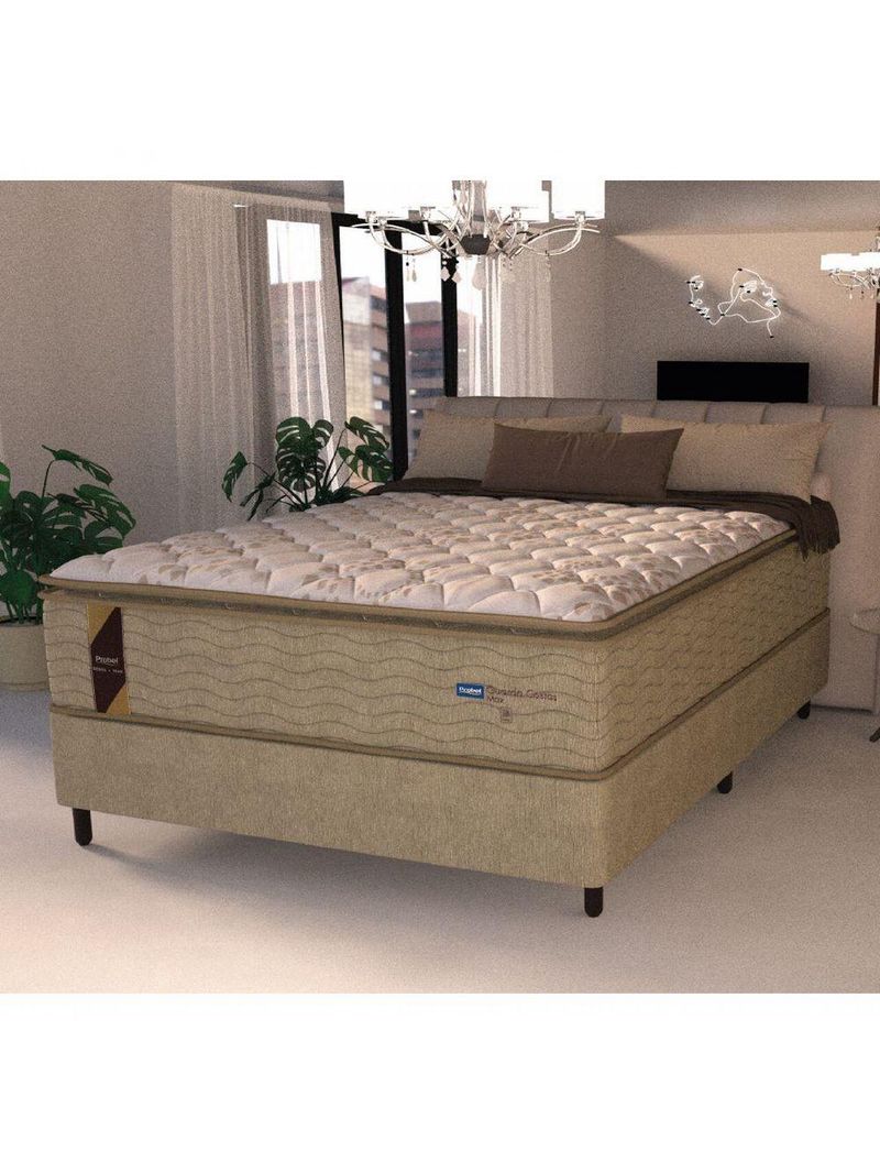 Cama Box Casal King Colchão Molas Guarda Costas Max Com Pillow 193x203x78cm Suede Bege/branco