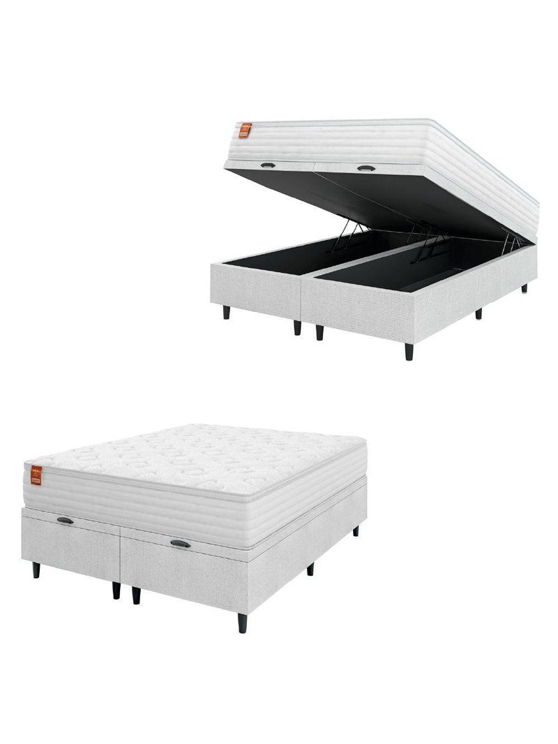 Cama Box Baú Casal King com Colchão Molas Ensacadas Real 193x203x68 cm – Linho Branco – Inducol