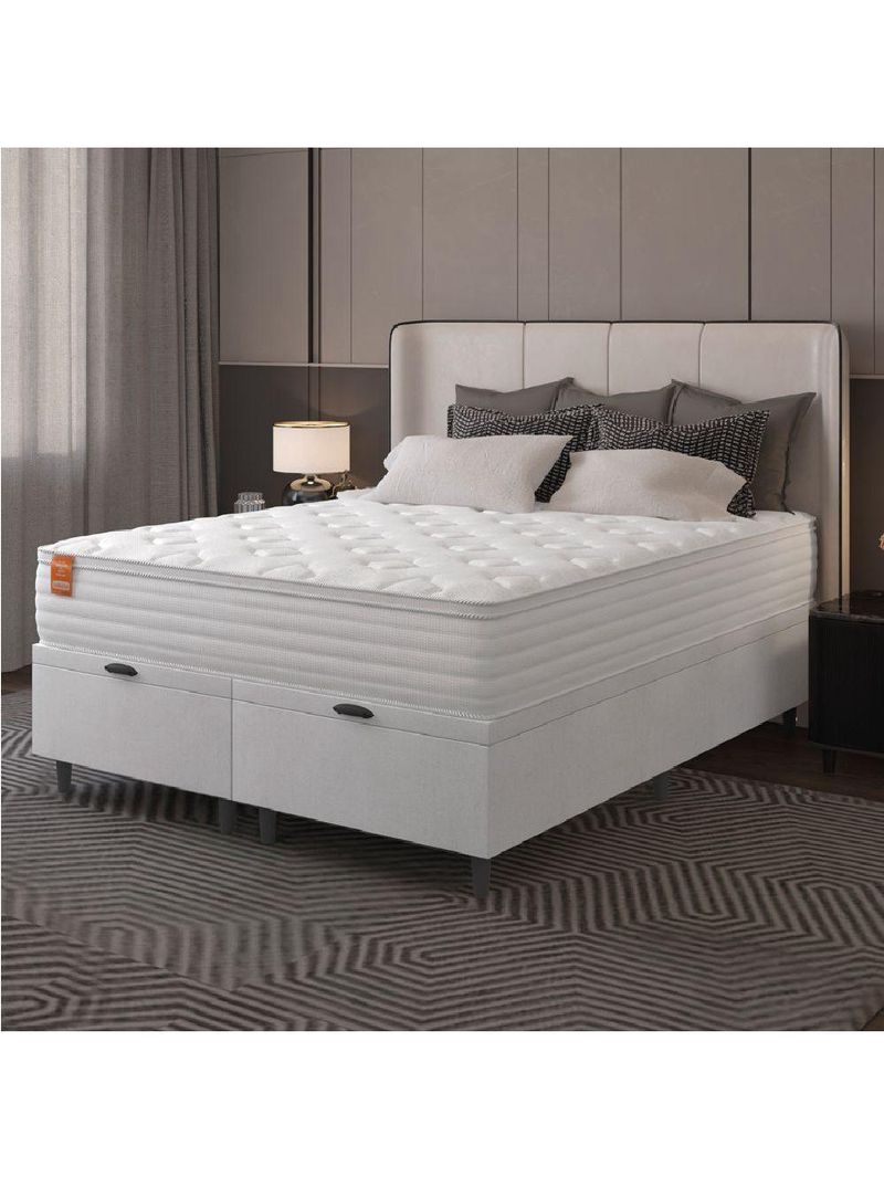 Cama Box Baú Casal King com Colchão Molas Ensacadas Real 193x203x68 cm – Linho Branco – Inducol