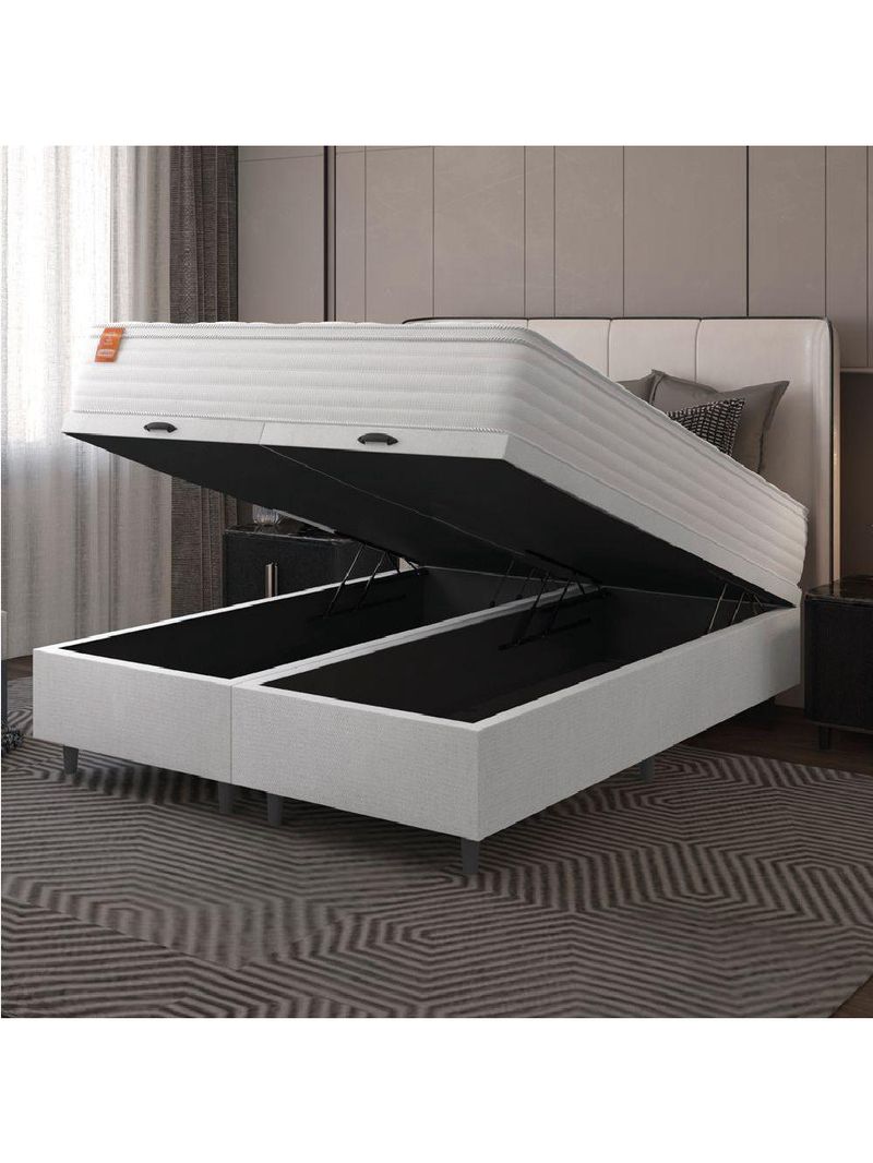 Cama Box Baú Casal King com Colchão Molas Ensacadas Real 193x203x68 cm – Linho Branco – Inducol