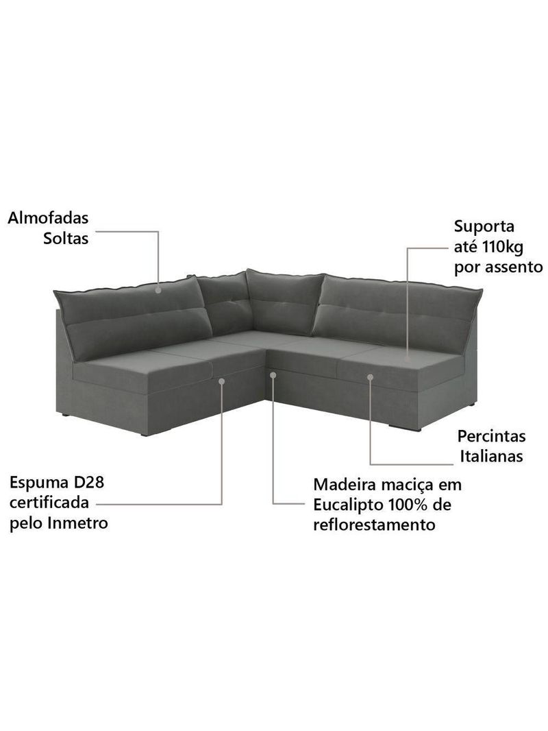 Sofá De Canto 5 Lugares Renaut Suede Cinza Mamflex Cinza