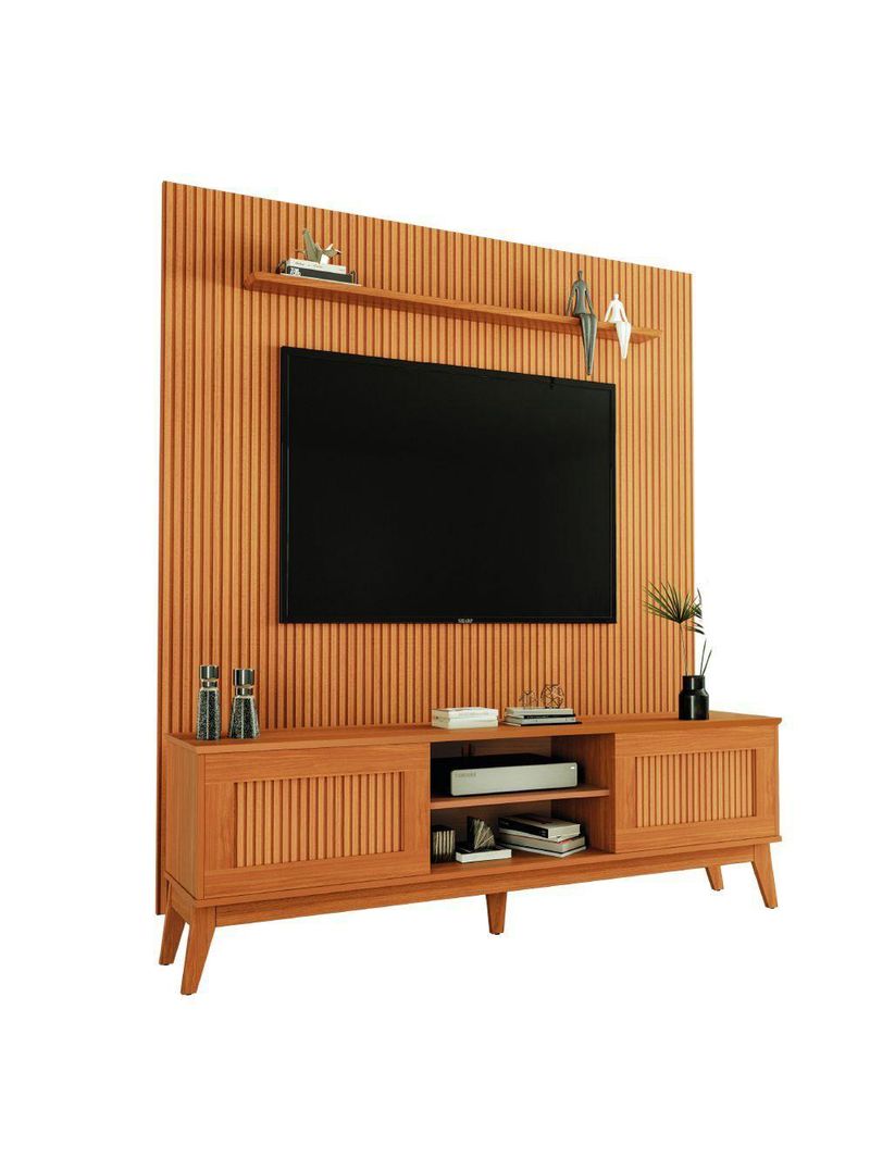 Rack Bancada King Com Painel Para TV Até 75 Polegadas Egeo Cedro Ripado Impressão 3D EDN