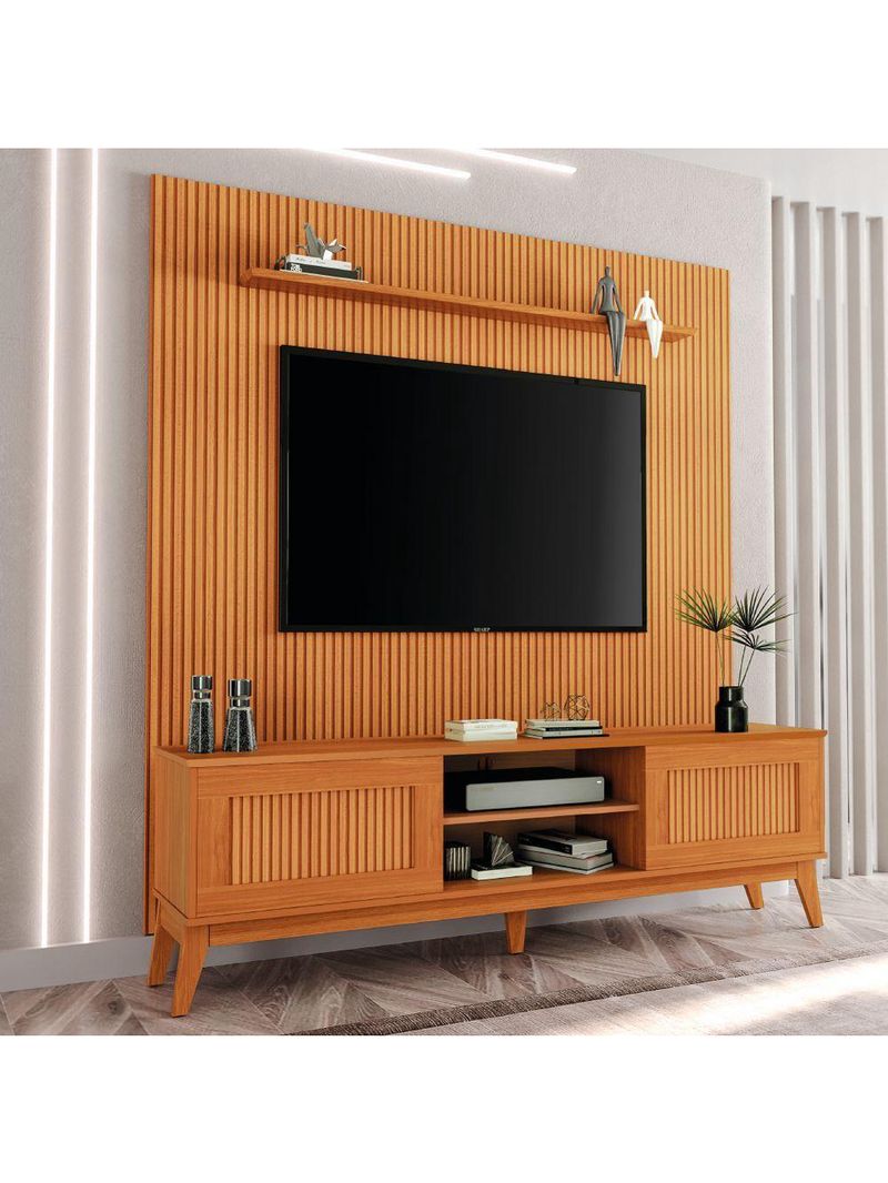 Rack Bancada King Com Painel Para TV Até 75 Polegadas Egeo Cedro Ripado Impressão 3D EDN