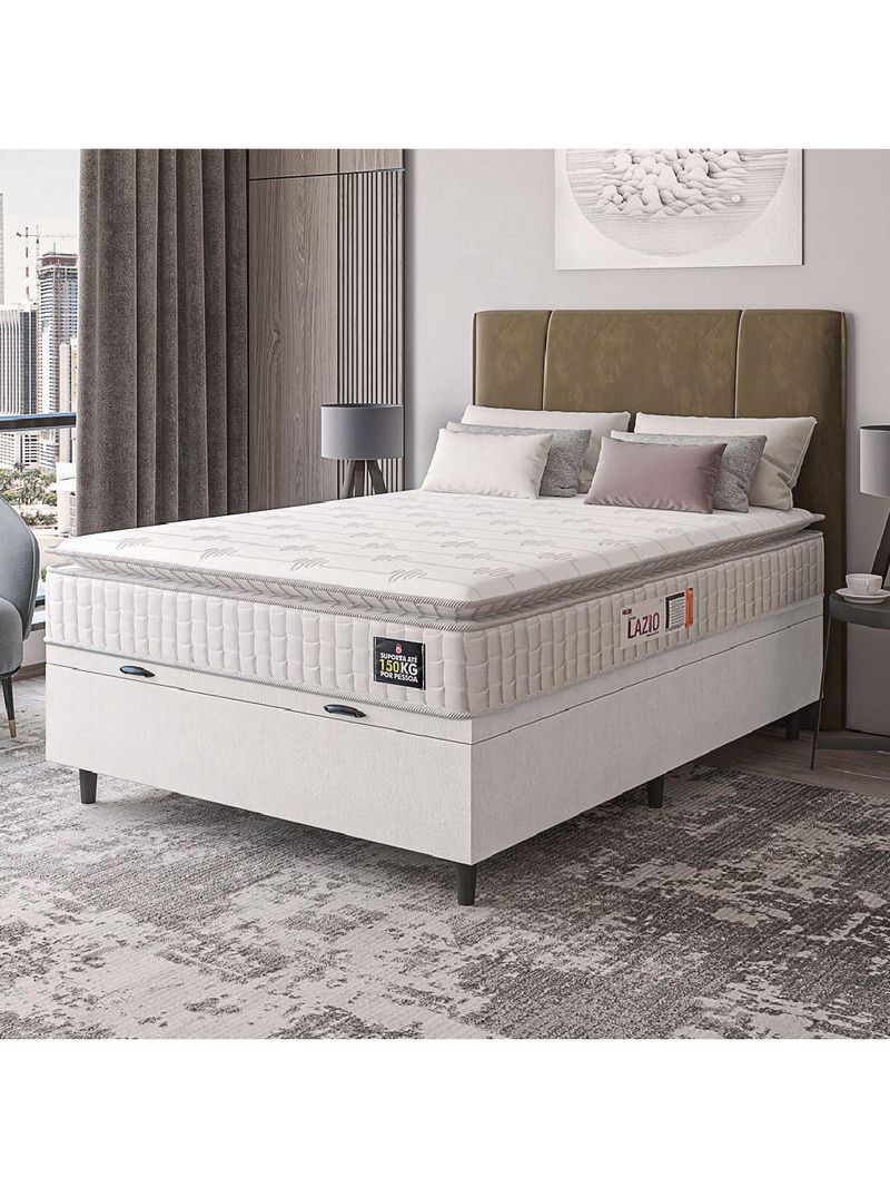 Cama Box Baú Colchão Casal Espuma D45 Lazio Pillow Top 138x188x70cm Linho Branco - Hellen