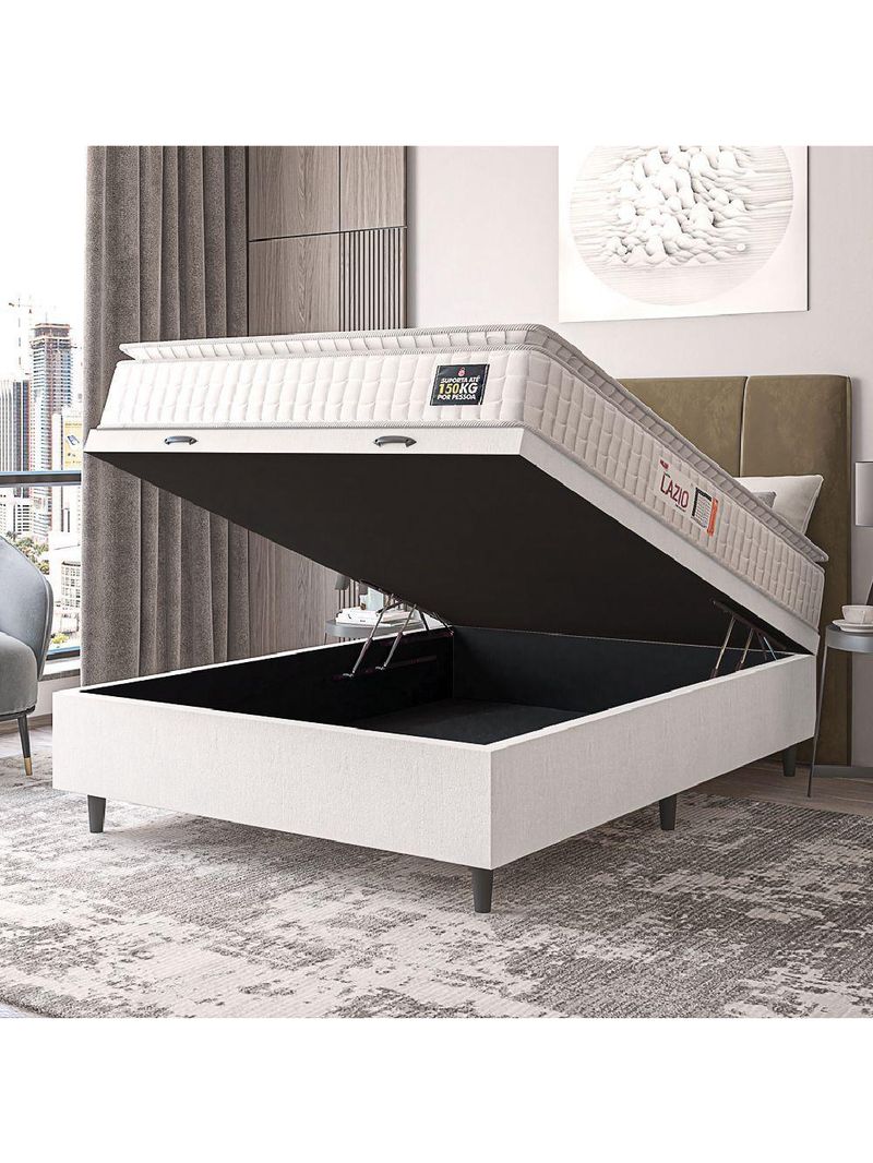 Cama Box Baú Colchão Casal Espuma D45 Lazio Pillow Top 138x188x70cm Linho Branco - Hellen
