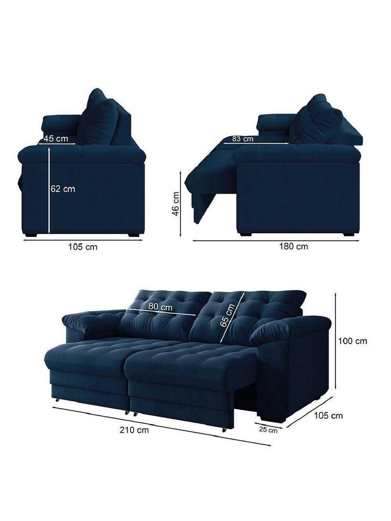 Sofá Retrátil e Reclinável Bipartido 2 Lugares 2,10m Veludo Coliseu Selmer Azul Folha