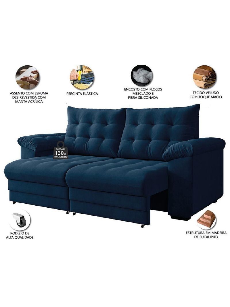 Sofá Retrátil e Reclinável Bipartido 2 Lugares 2,10m Veludo Coliseu Selmer Azul Folha