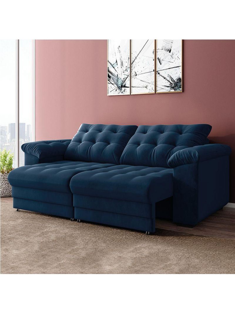 Sofá Retrátil e Reclinável Bipartido 2 Lugares 2,10m Veludo Coliseu Selmer Azul Folha