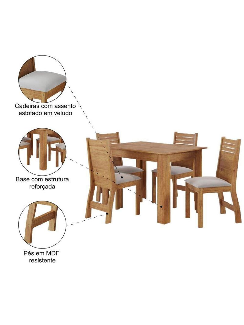 Conjunto De Mesa Sala De Jantar Place 1,10m 4 Cadeiras Veludo Viero Madeirado