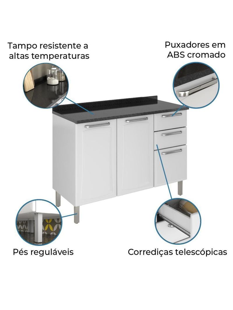 Balcão de Cozinha Itatiaia de Aço 3 Portas 2 Gavetas com Tampo 1,20m – Branco