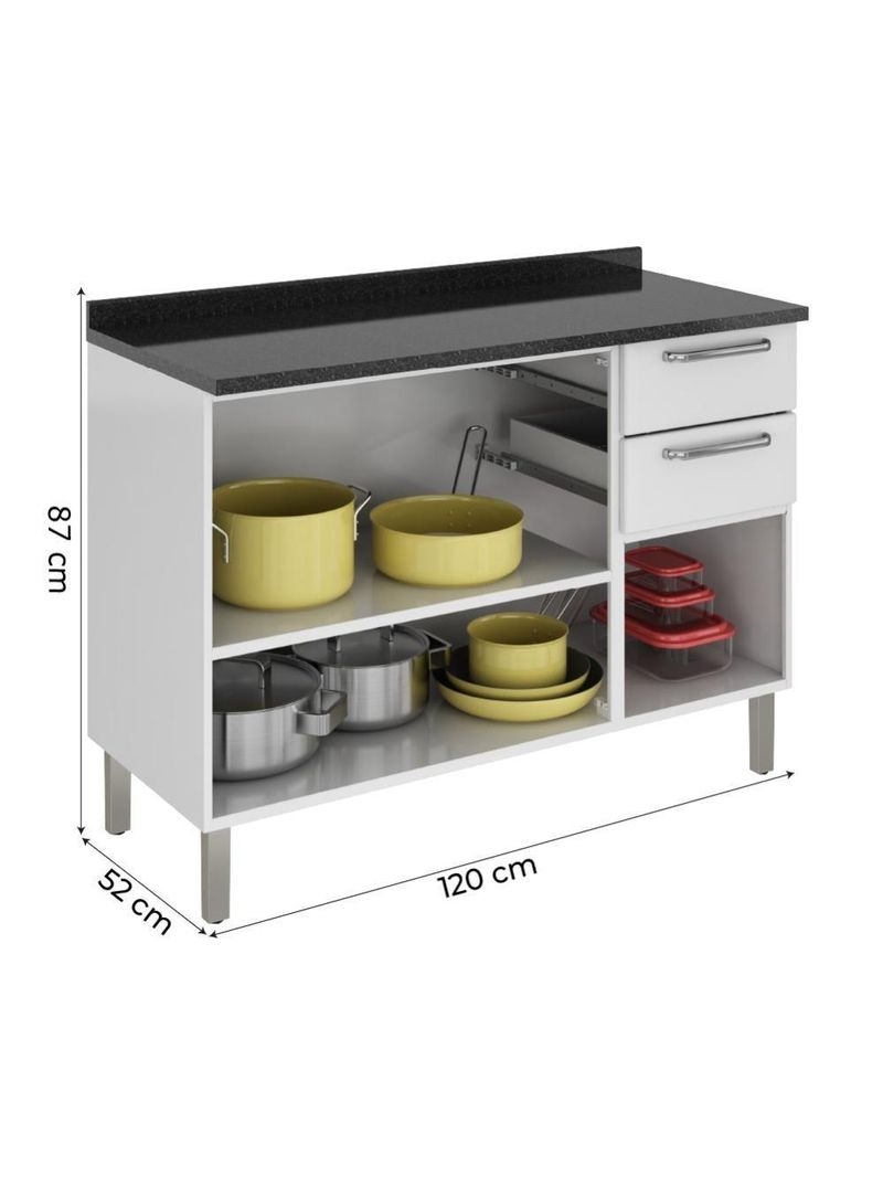 Balcão de Cozinha Itatiaia de Aço 3 Portas 2 Gavetas com Tampo 1,20m – Branco
