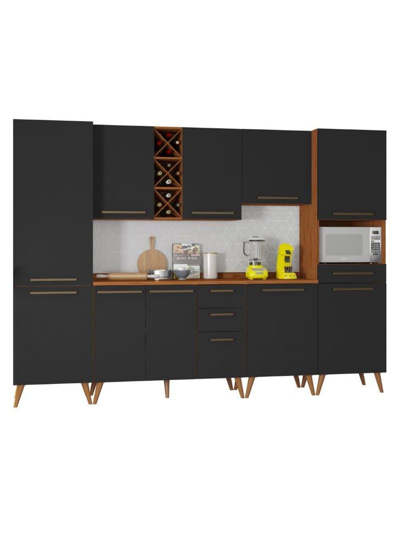 Armário De Cozinha Completa com Adega 10 Portas 4 Gavetas Favorita Preto/Naturale