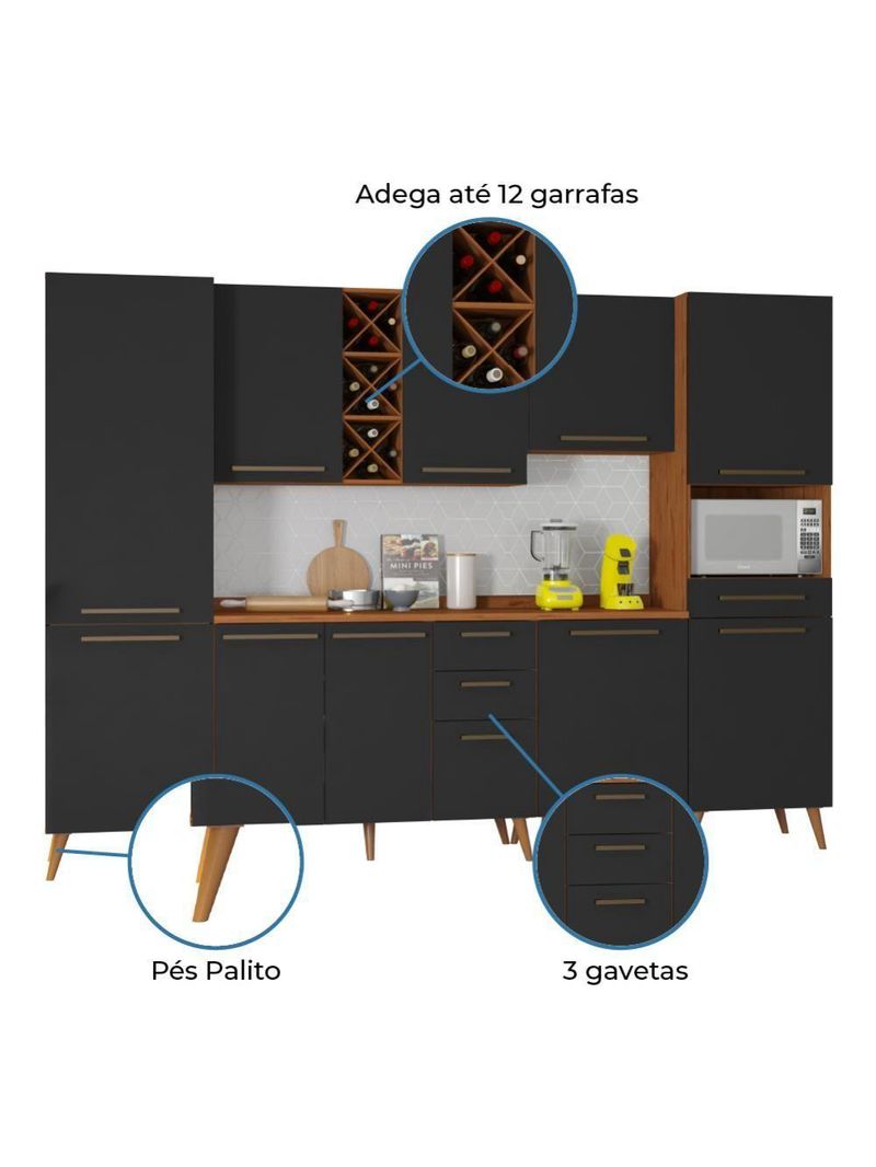 Armário De Cozinha Completa com Adega 10 Portas 4 Gavetas Favorita Preto/Naturale