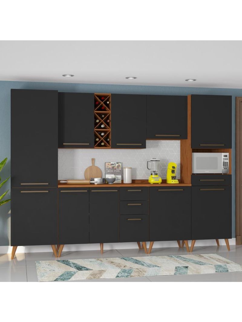 Armário De Cozinha Completa com Adega 10 Portas 4 Gavetas Favorita Preto/Naturale