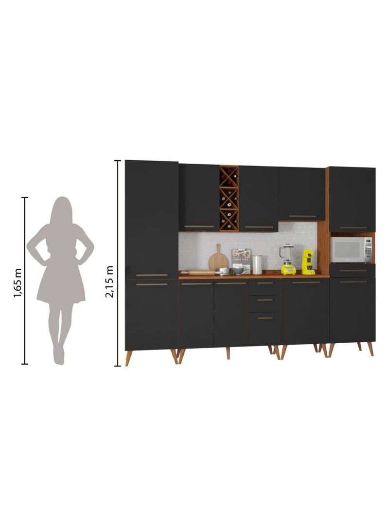 Armário De Cozinha Completa com Adega 10 Portas 4 Gavetas Favorita Preto/Naturale