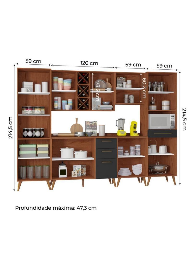 Armário De Cozinha Completa com Adega 10 Portas 4 Gavetas Favorita Preto/Naturale
