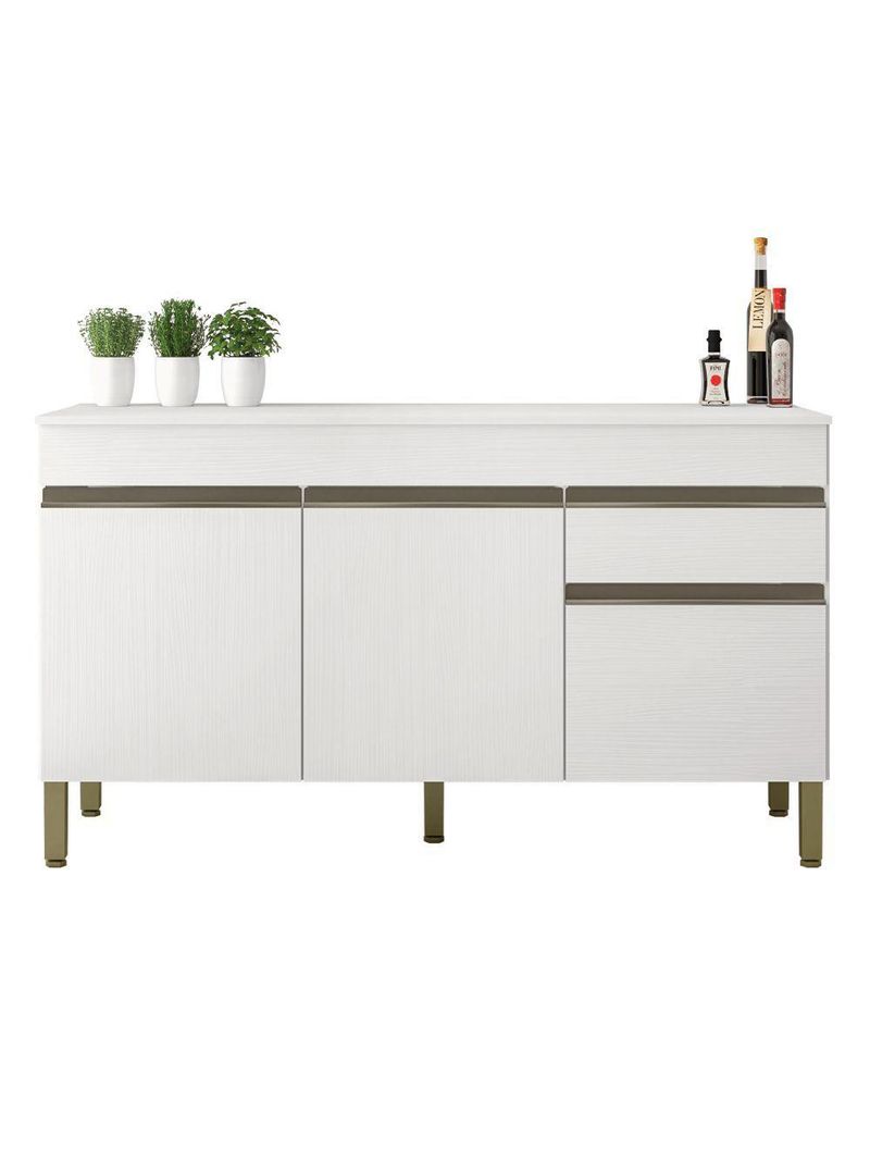 Balcão Gabinete De Cozinha 3 Portas 1 Gaveta Com Tampo 1,50m Line Kit's Paraná Madeirado Branco