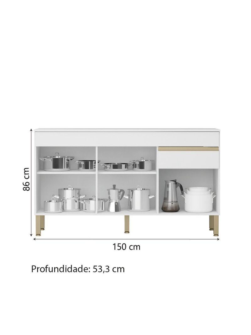 Balcão Gabinete De Cozinha 3 Portas 1 Gaveta Com Tampo 1,50m Line Kit's Paraná Madeirado Branco
