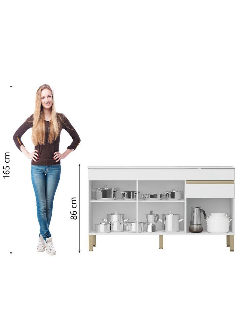 Balcão Gabinete De Cozinha 3 Portas 1 Gaveta Com Tampo 1,50m Line Kit's Paraná Madeirado Branco