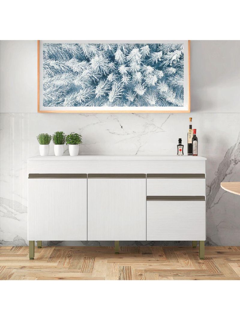 Balcão Gabinete De Cozinha 3 Portas 1 Gaveta Com Tampo 1,50m Line Kit's Paraná Madeirado Branco