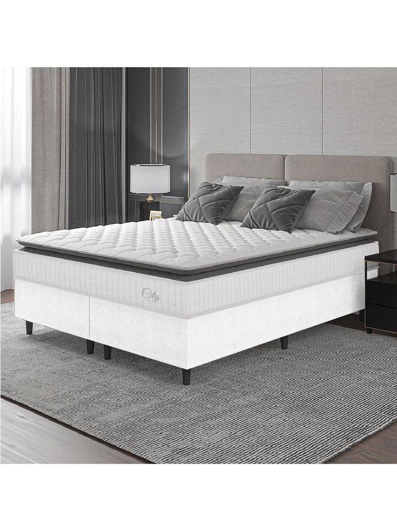 Cama Box Colchão Casal King Molas Ensacadas City Pillow Top 193x203x61cm Linho Branco Cinza
