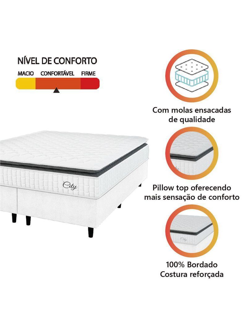Cama Box Colchão Casal King Molas Ensacadas City Pillow Top 193x203x61cm Linho Branco Cinza