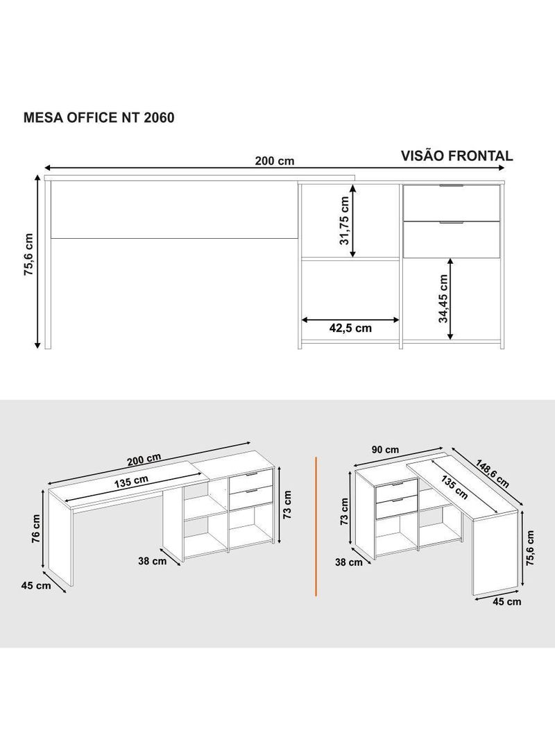 Escrivaninha Com Tampo Giratório 2 Gavetas Nt2060 Preto