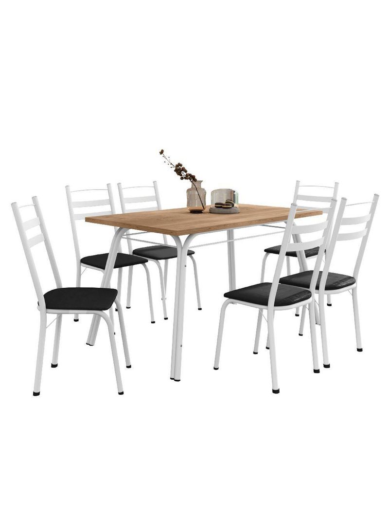 Conjunto De Mesa Sala De Jantar Com 6 Cadeiras Tubular Tampo Bp Madeirado Retangular 1,36m Branco / Preto