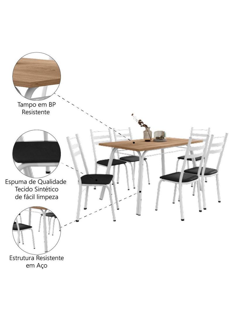 Conjunto De Mesa Sala De Jantar Com 6 Cadeiras Tubular Tampo Bp Madeirado Retangular 1,36m Branco / Preto
