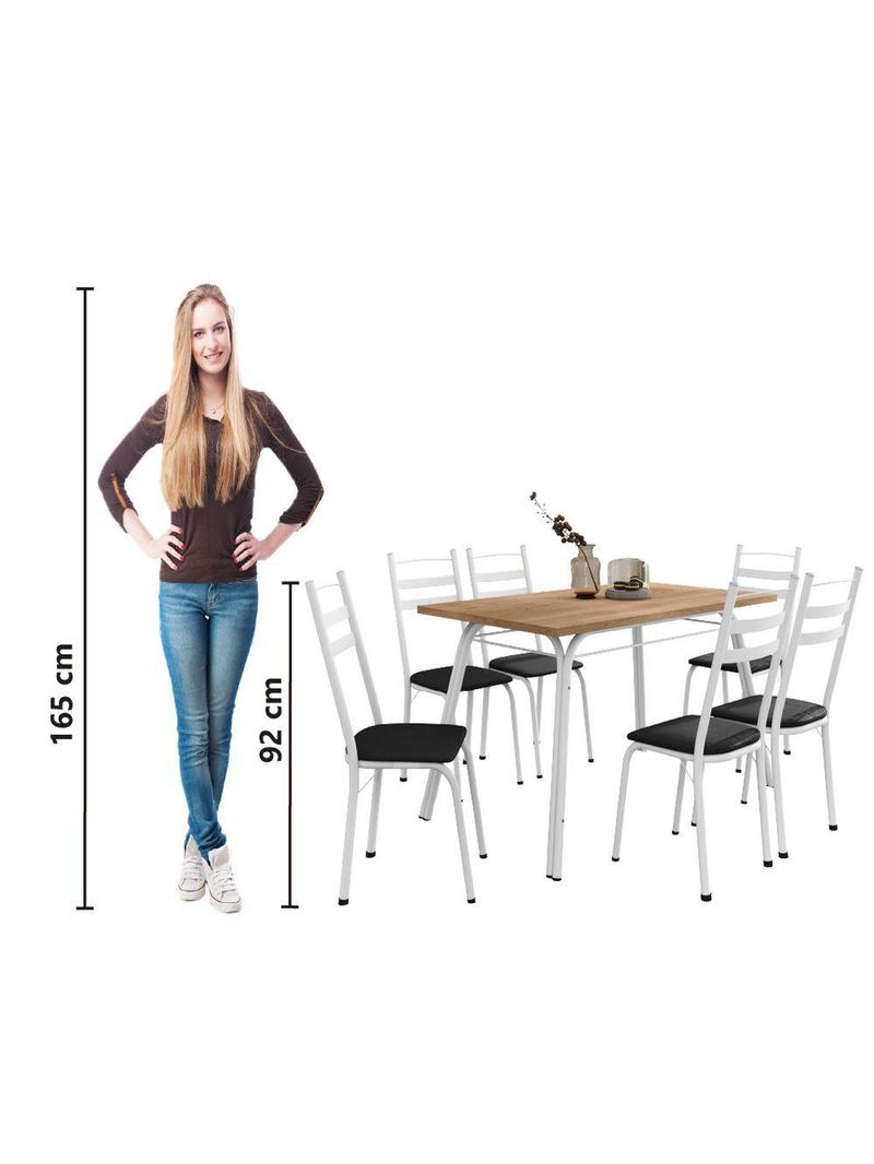Conjunto De Mesa Sala De Jantar Com 6 Cadeiras Tubular Tampo Bp Madeirado Retangular 1,36m Branco / Preto