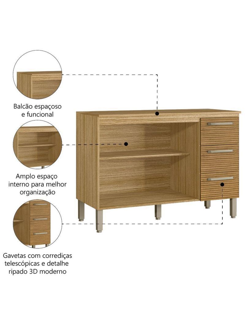 Balcão de Cozinha Triplo Ripado Com Tampo Kits Paraná Freijo