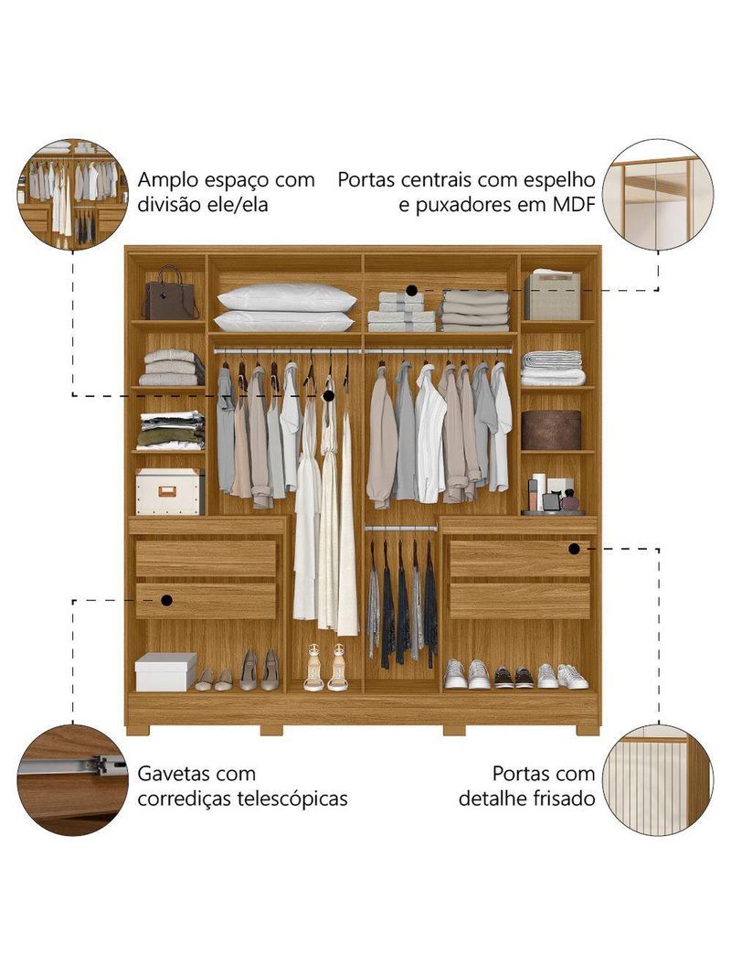 Guarda Roupas Casal Com Espelho Frisado 10 Portas 4 Gavetas Alasca Madeirado Off White