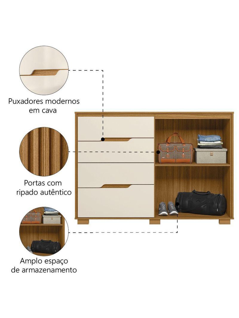 Cômoda 4 Gavetas 2 Portas Ripado Texas Freijó/Off White