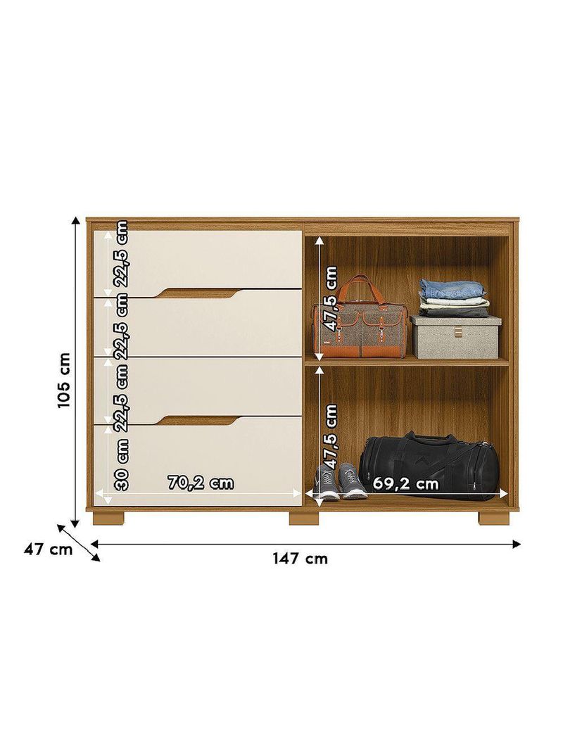 Cômoda 4 Gavetas 2 Portas Ripado Texas Freijó/Off White