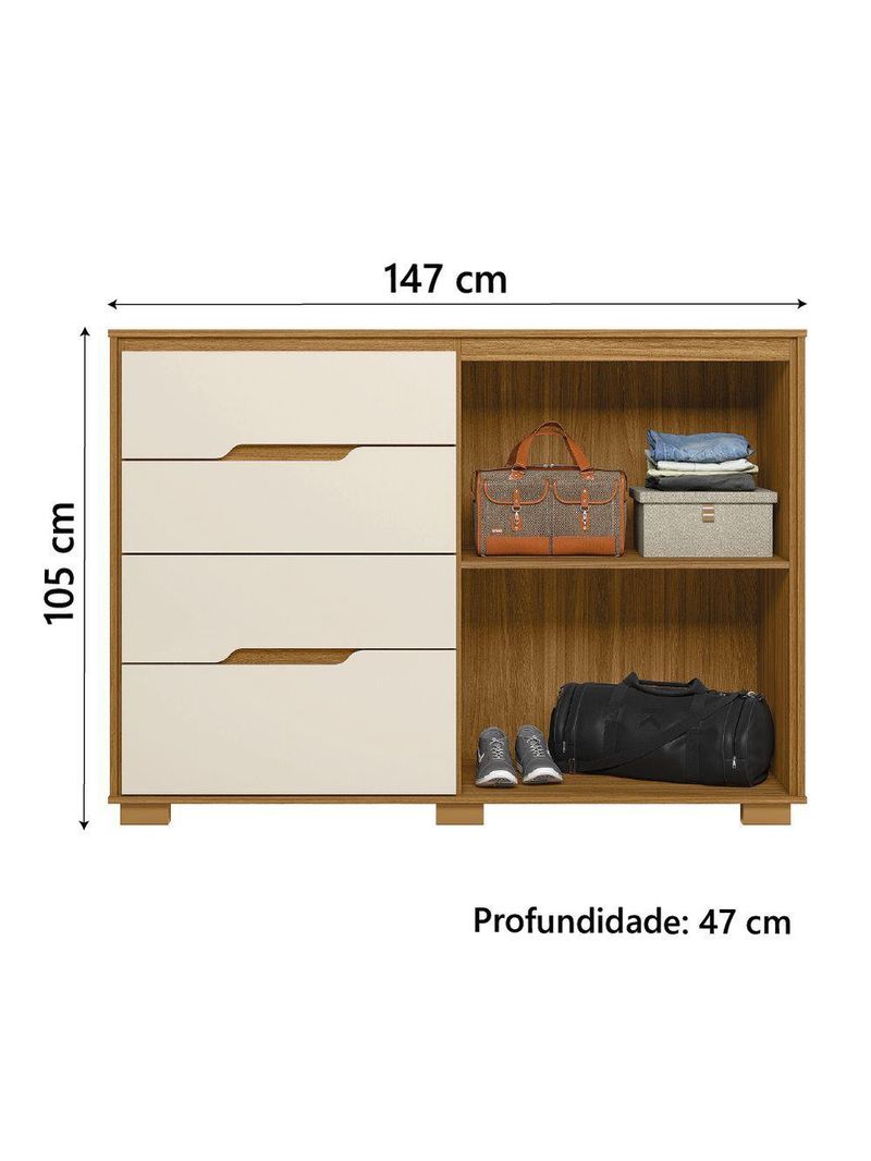 Cômoda 4 Gavetas 2 Portas Ripado Texas Freijó/Off White
