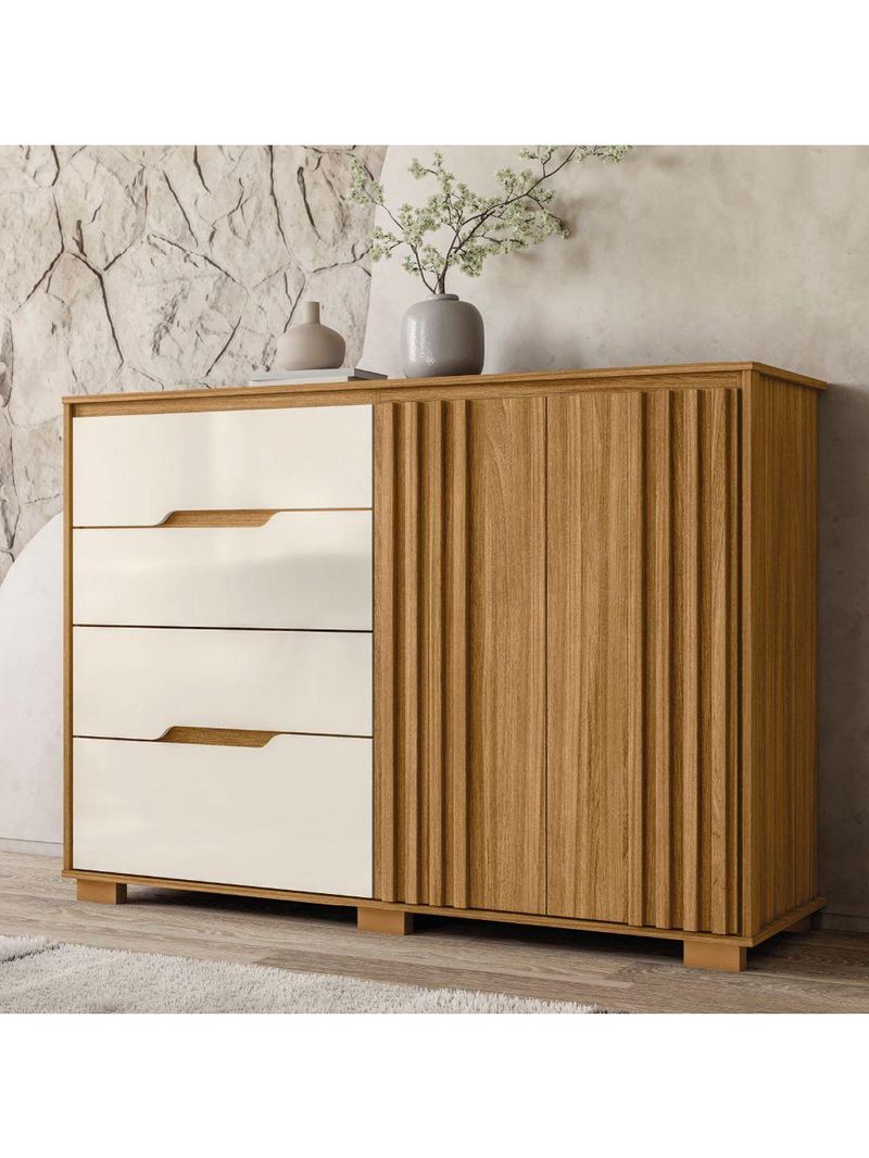 Cômoda 4 Gavetas 2 Portas Ripado Texas Freijó/Off White