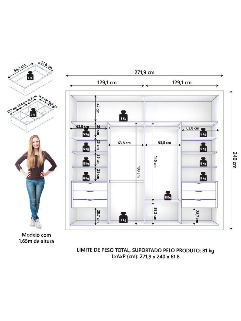 Guarda Roupas Casal Ripado 2 Portas De Correr 6 Gavetas Coliseu Zanzini Branco