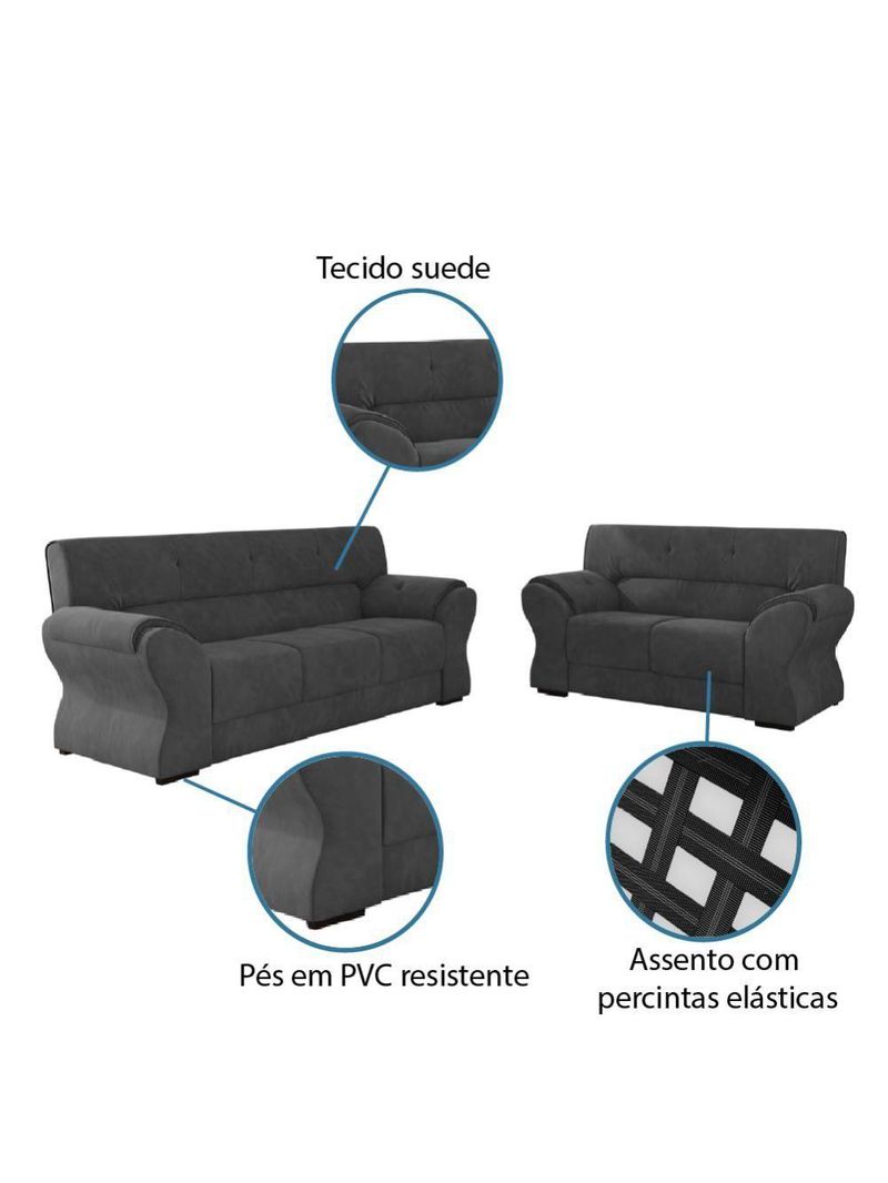 Conjunto De Sofá 2 E 3 Lugares Holanda Cinza Suede