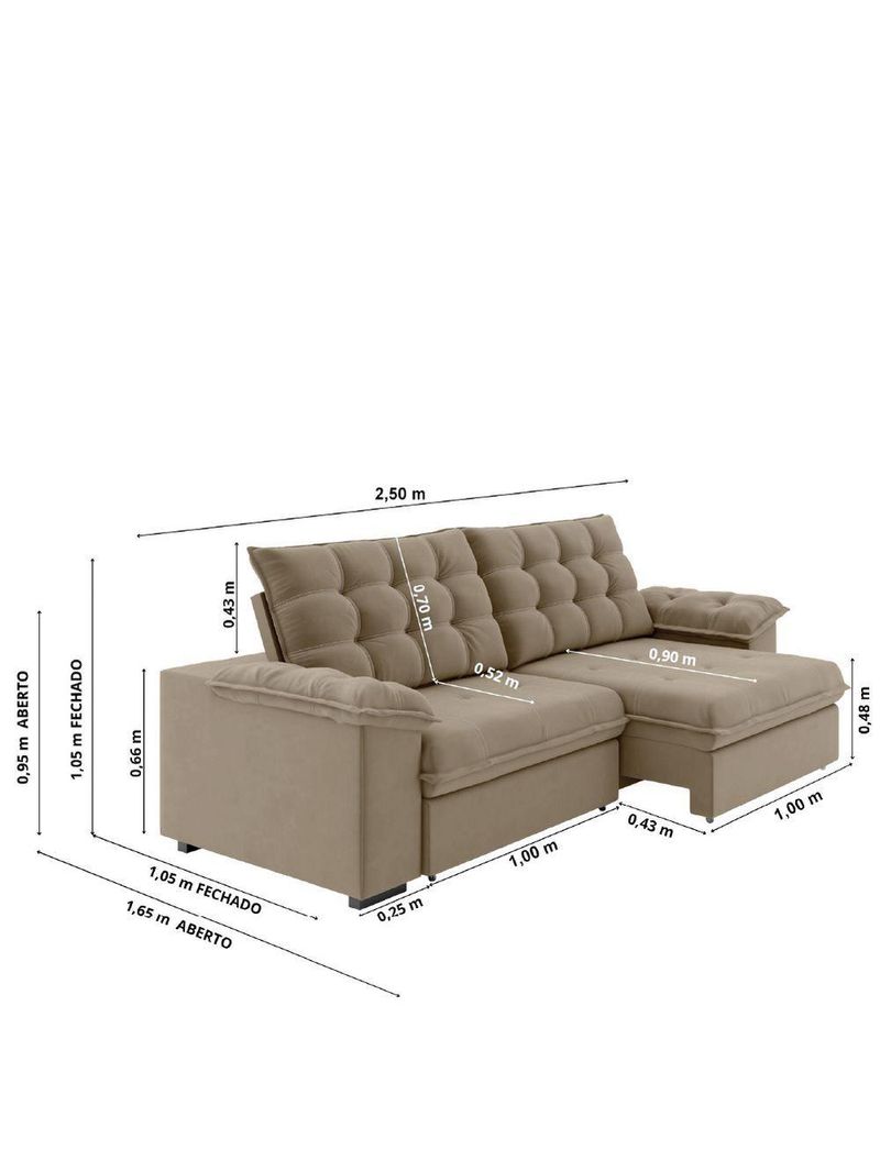 Sofá Retrátil E Reclinável Bipartido 2,50m 4 Lugares Palermo Slim Luizzi Castor