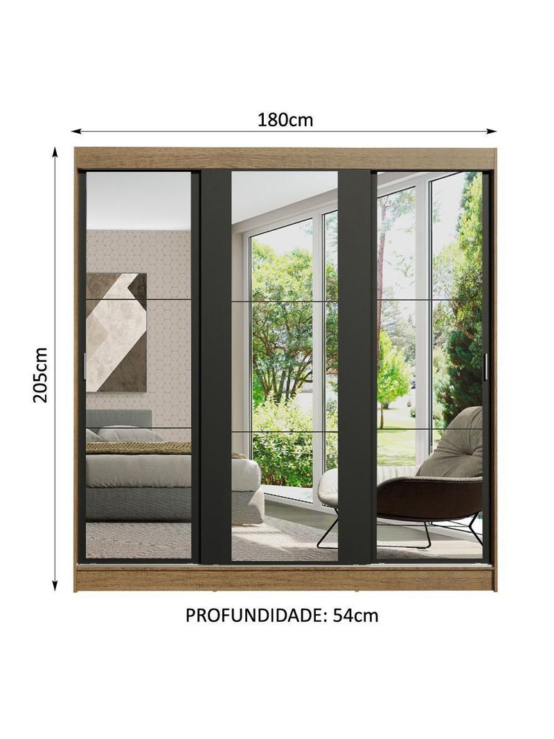 Guarda-roupa Casal Reno 3 Portas de Correr de Espelho Madesa