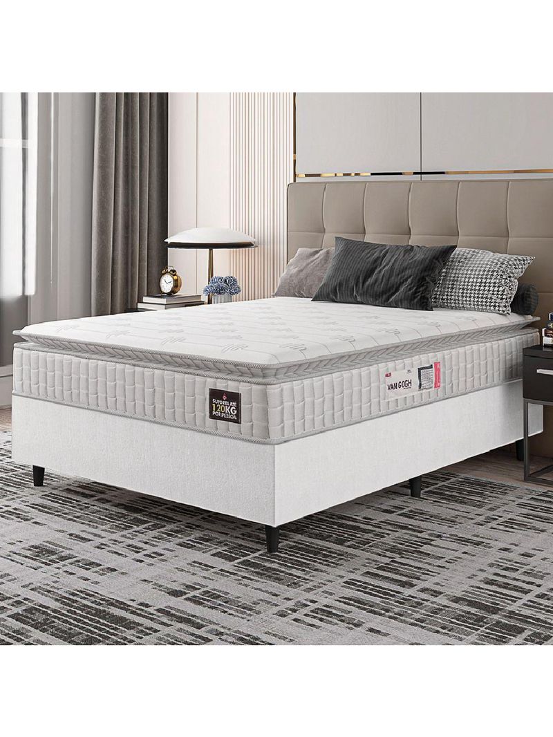 Cama Box Casal Colchão Espuma D33 Pillow Top Van Gogh 138x188x62cm Branco Hellen Suporta Até 120kg