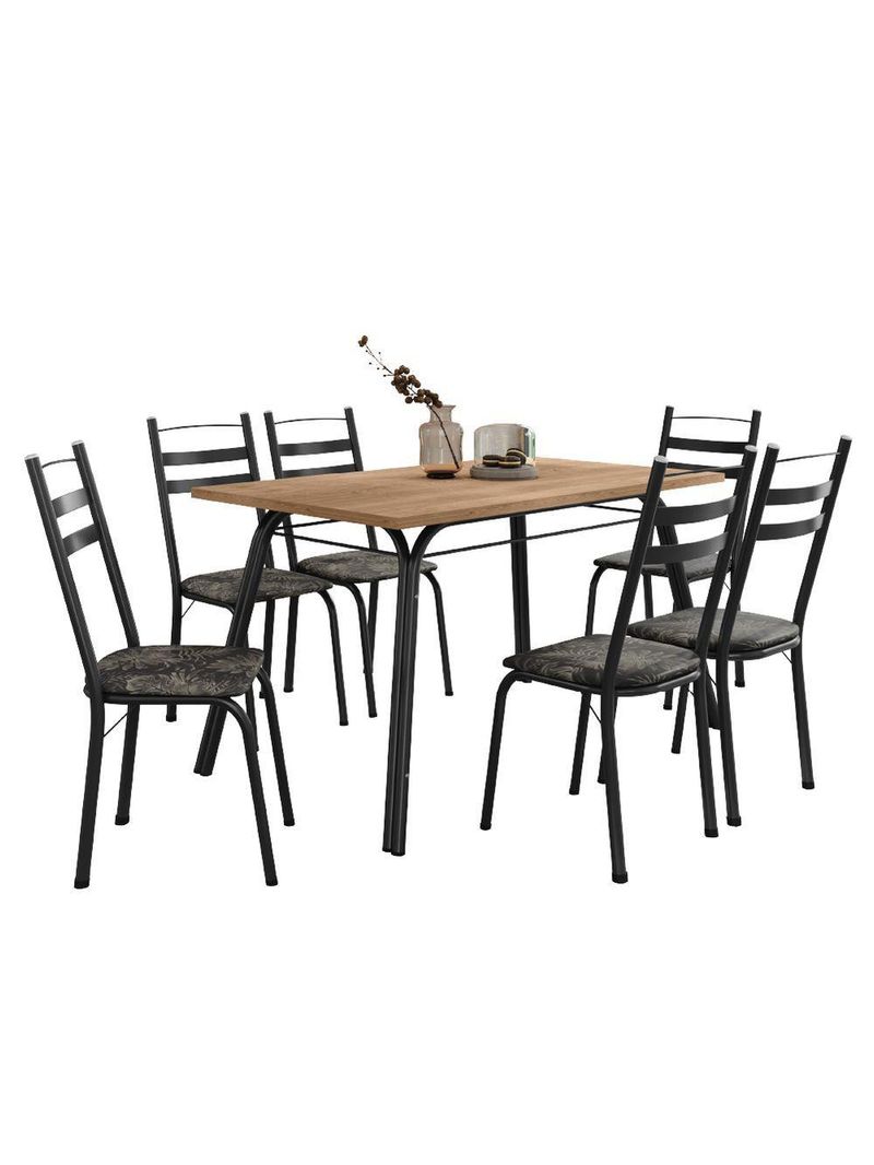 Conjunto De Mesa Sala De Jantar Com 6 Cadeiras Tubular Tampo Bp Madeirado Retangular 1,36m Preto/flor