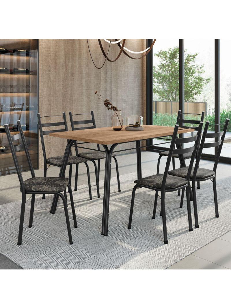 Conjunto De Mesa Sala De Jantar Com 6 Cadeiras Tubular Tampo Bp Madeirado Retangular 1,36m Preto/flor