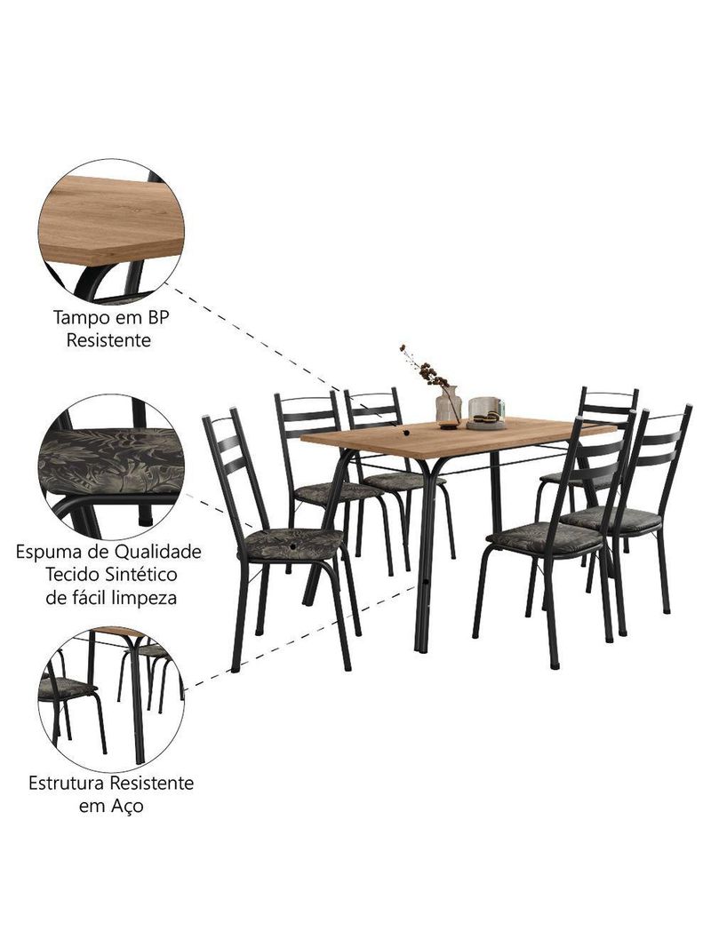 Conjunto De Mesa Sala De Jantar Com 6 Cadeiras Tubular Tampo Bp Madeirado Retangular 1,36m Preto/flor