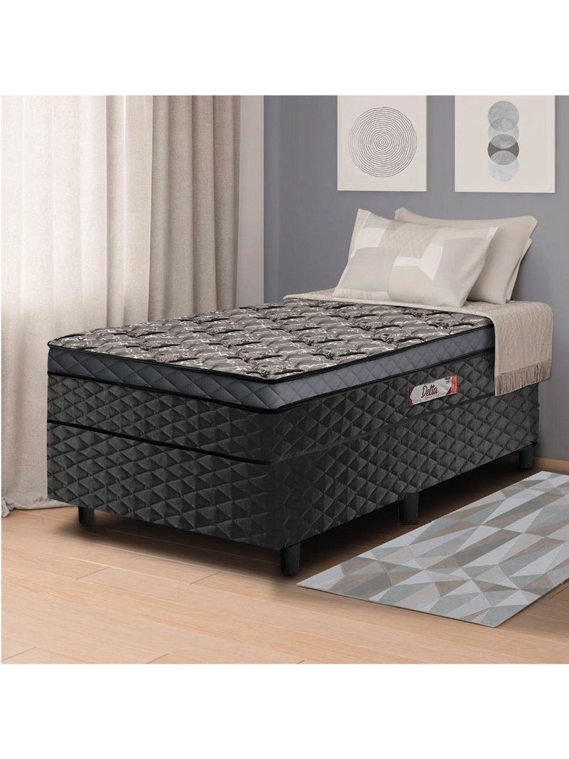 Cama Box Solteiro Conjugada Molas Ensacadas Delta 88x188x60cm Cinza/Preto