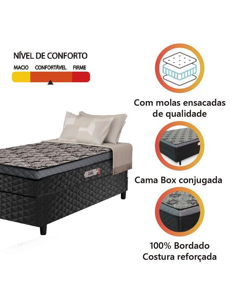 Cama Box Solteiro Conjugada Molas Ensacadas Delta 88x188x60cm Cinza/Preto