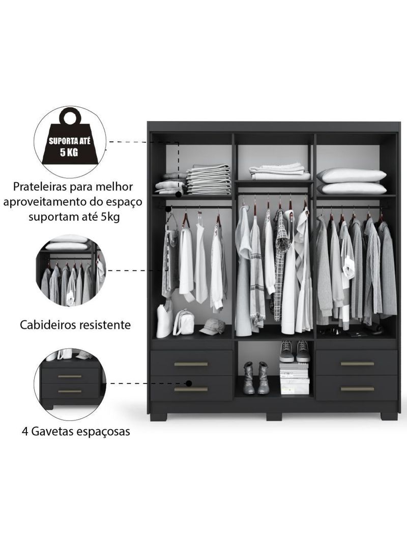 Guarda Roupas Casal 6 Portas 4 Gavetas Primacy Preto Batrol